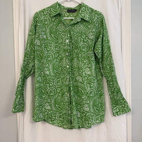 KikiSol Lime Paisley Over-Sized Boyfriend Shirt Green Floral Tropical Small - Picture 1 of 12